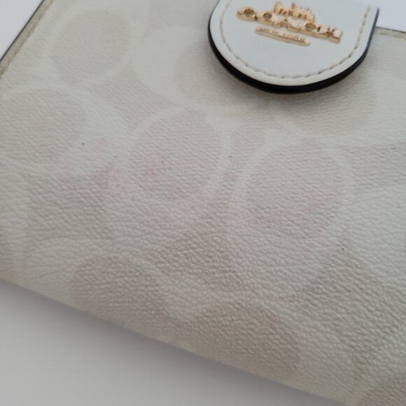 Coach Wallet Crossgrain Leather Monogram White Brown Medium Bifold Logo Compact - Picture 12 of 14